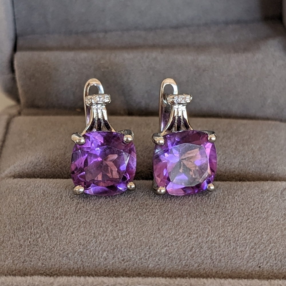 🆕 925 Sterling Silver Earrings Cushion Cut Amythest 9mm Natural Gemstones Fine